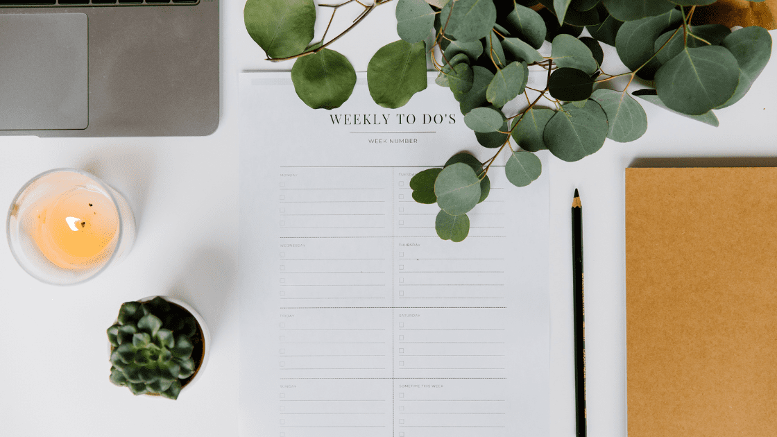 Desk space weekly to do list planner on social media content ideas for health practitioners